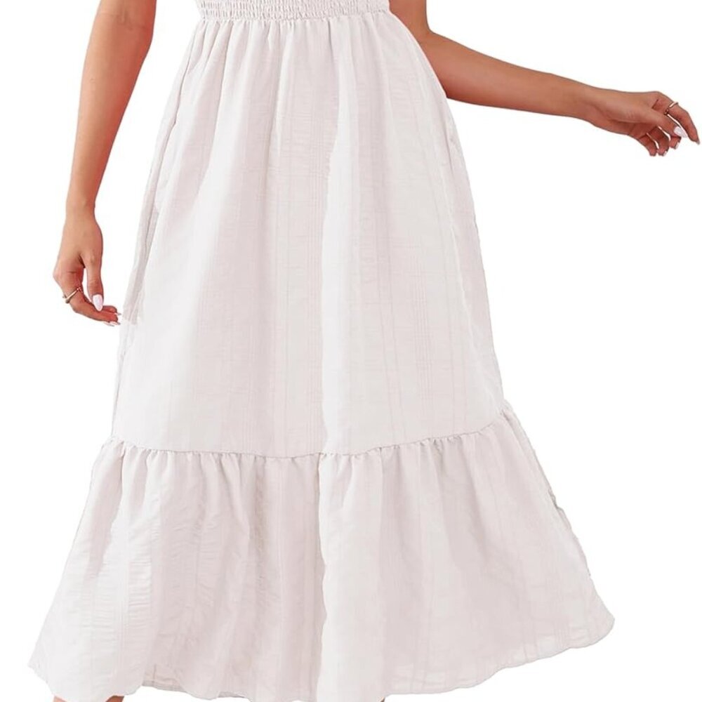 Sleeveless Maxi Dress Polyster Off Shoulder Ruffle Hem Smocking Waist